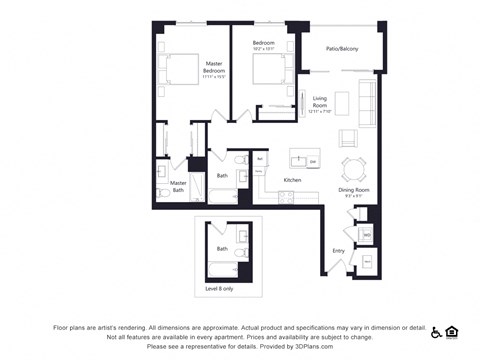 Floor plan for 2 beds, 2 baths, 1123 sqft